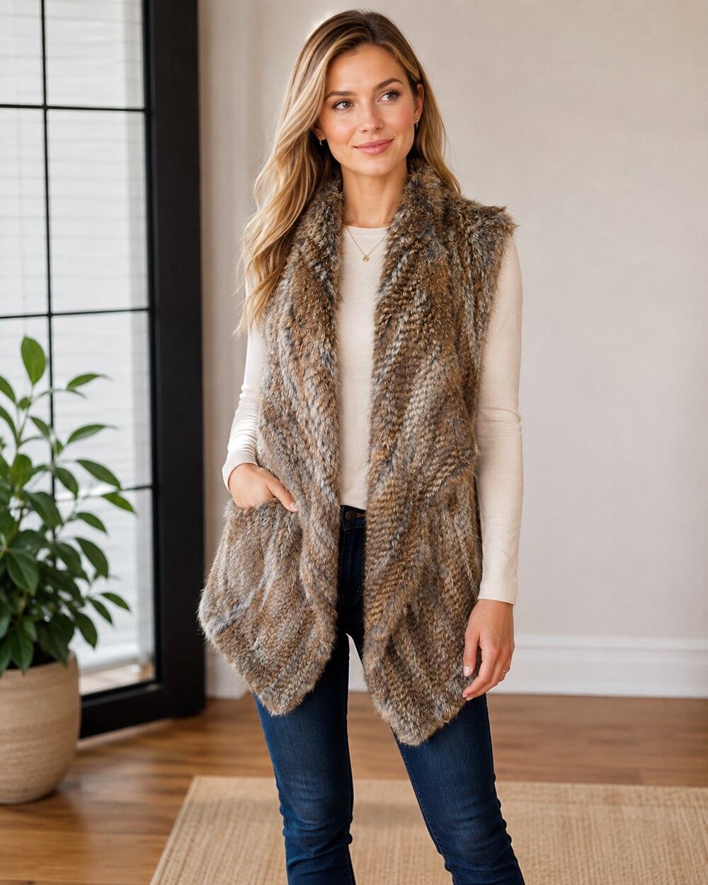 Bagatelle Collection Genuine Rabbit Fur Vest Small Brown Wool Knit Draped Luxury
